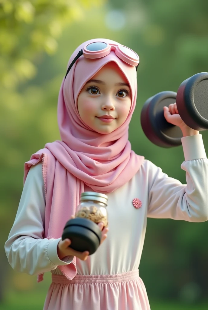 a realistic 1girl wearing a hijab, detailed beautiful face, Hijab Muslim. Wear long sleeve moder design white pink stripe white, minimalist flower on shirt. . Wear pink white.small Safety Pink google spectacle top of the head rubber band. . Jump on and have a super strong power. One hand lifting the 50kg dumbbell. Bokeh background. At the garden. , detailed lips, long eyelashes. Hero, modest expression, delicate facial features, natural skin tones, hijab covering head and neck, detailed folds and textures of hijab, natural lighting, high quality, photorealistic, 8k, best quality. One hand holding coockie jar