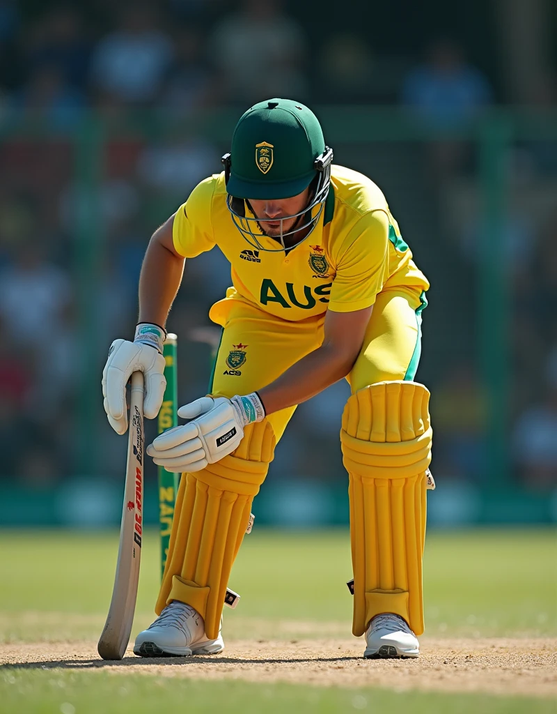 Give me a yellow jersey with AUS written on it. The cricket player is wearing white sneakers and a dark green helmet. He looks towards the camera, bends over, bends his knees, and holds the cricket bat horizontally with both hands, 20 cm above his knees.,Showing the side profile of a cricket player,顶光drop shadow, anaglyph, stereogram, tachi-e, ass pov, atmospheric perspective, 8k, super detail, best quality