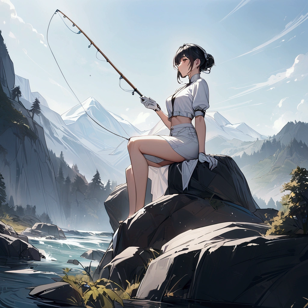 wide angle,{{masterpiece}}, {{{Highest quality}}},{{Very detailed}},Woman sitting on a rock and fishing,A young Chinese-looking female hermit fishing deep in the mountains,White attire, miniskirt,WHITE glove,carefree expression