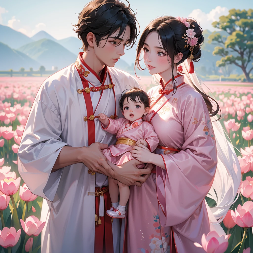 A one-year-old baby boy in an ancient Chinese baby costume with his beautiful mother, dressed in an white ancient Chinese costume, Standing in the middle of pink tulip field, There are some floating clouds, playing with each other, with his handsome father standing next to his mother, close up.
