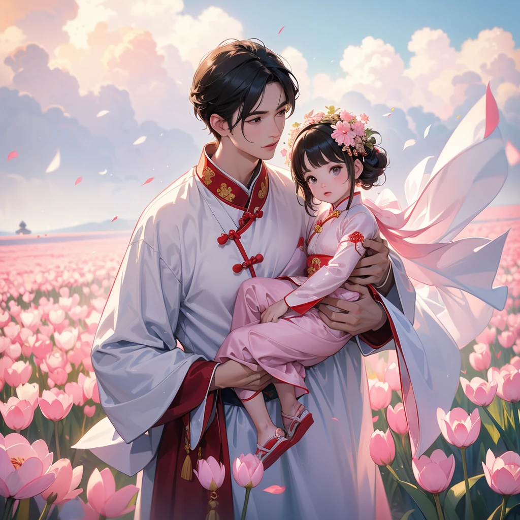 A one-year-old baby boy in an ancient Chinese baby costume with his beautiful mother, dressed in an white ancient Chinese costume, Standing in the middle of pink tulip field, There are some floating clouds, playing with each other, with his handsome father standing next to his mother, close up.