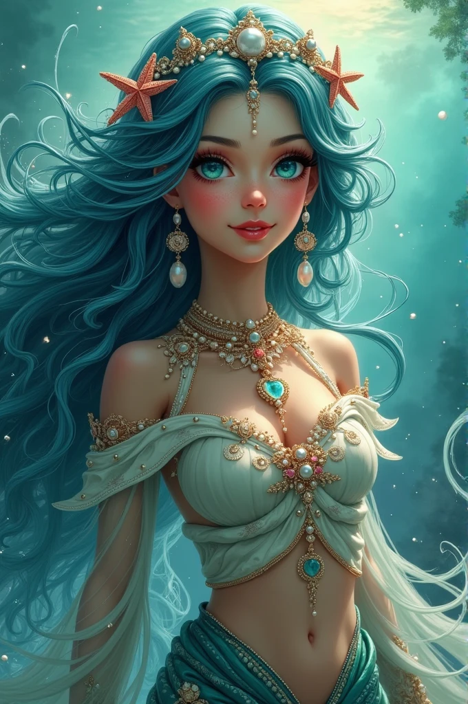 The goddess of Ocean/Sea
Hair:
Color: Thick and long hair with a gradient color from deep blue to emerald green, like the color of the ocean at different depths. Style: Her hair is always loose and wavy, as if caressed by the sea breeze . Sometimes, there are small pearls or starfish hanging from it.
Face:
Eyes: Large and round turquoise eyes, like two small seas. Her eyelashes were long and curly, like algae.
Nose: Small and piercing, with a slight pink tone.
Lips: Red lips like coral reefs, always with a slight smile.
Skin: White and smooth skin, like a pearl. Clothing:
Top: A soft pearl-colored fabric, with designs of waves and sea creatures.
Undergarment: A long skirt made of woven fabrics of various shades of blue and green.
J
ewelry: Besides the crown, she wears bracelets and anklets made of pearls, corals, and seashells. She also has a heart-shaped pendant made of a rare type of pearl.