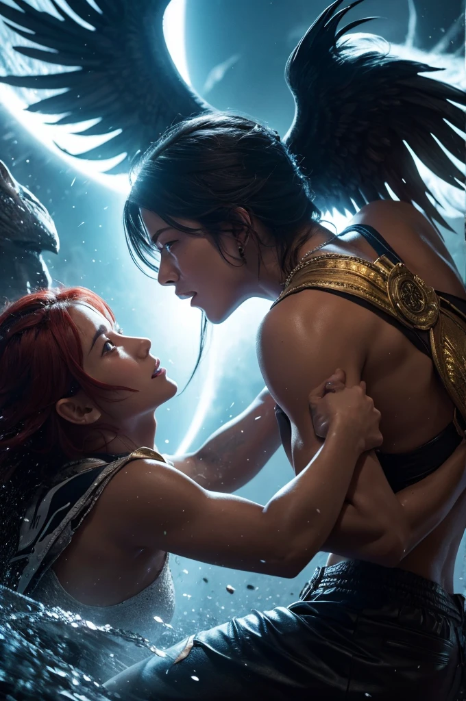 Gods fighting in heaven and the dark humans who oppose them