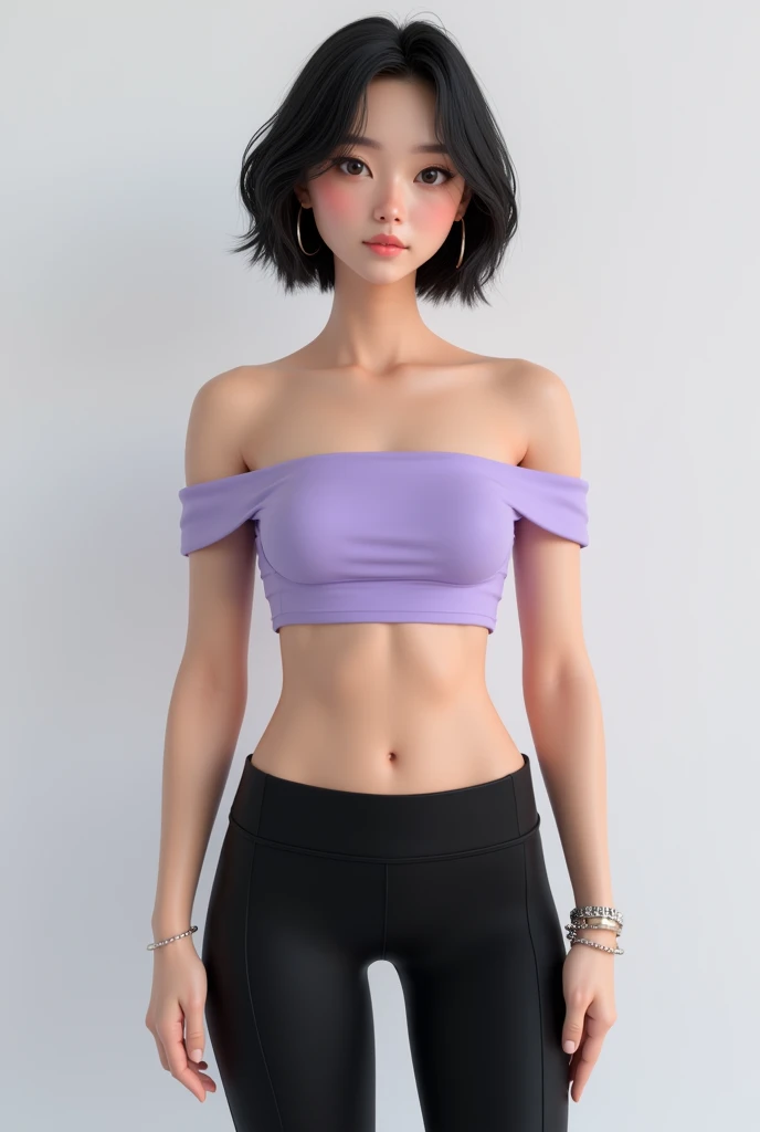 A korean girl..with 6 pack abs, short hair, toned body, wearing black pant and off shoulders top light purple  in colour ...wearing accessories simple..