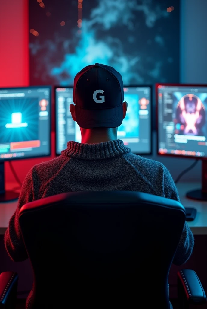 Epic realistic photography, of a 19-year-old young man sitting with his back turned wearing a sweater and a black cap with the initial G, in a gaming chair in a gaming room with a computer and big screens, On the screen you see images of hackers. The name GilbertoHack1 appears on one of the screens in large letters., 