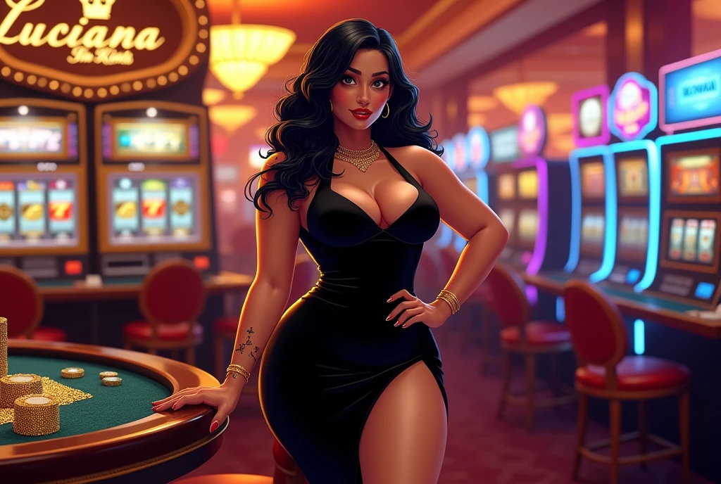 (full body with legs), Casino night robust woman black hair chips slot machines glitter Poster CASINO BULLS KINGS LUCIANA