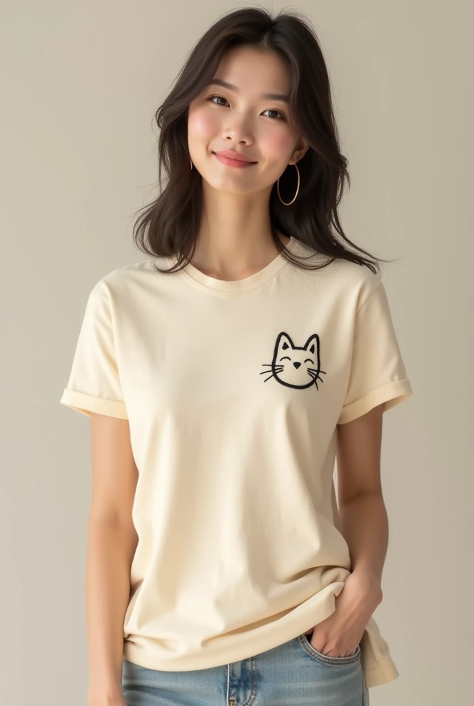 A woman wearing beige cotton t-shirt with a cat head embroidery pattern on the left chest