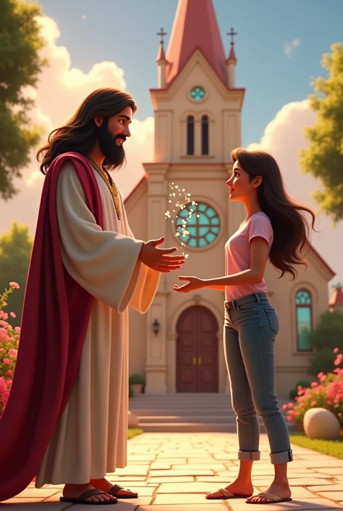 An animated Jesus Christ giving a her boyfriend to the girls hand front of church