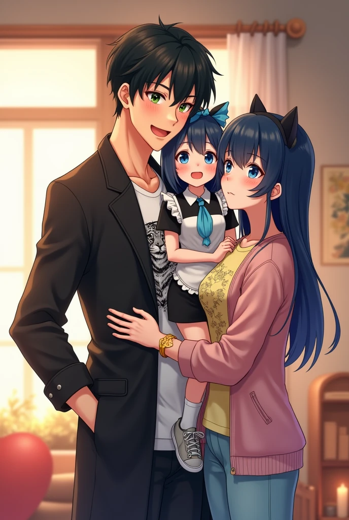 A 2 anime fantasy handsome guy with bright green eyes , a black fit coat with and a white t-shirt with a picture of black tiger in the middle of that . black neat hair and a soft kindly smile on his face , a strong body as a sign of exerciser being , lifted up and spine around an innocent 4-year-old fantasy anime girl with big and blue eyes that twinkle in the room light, playfully and softly chuckles with blushed cheeks, while she is suspended in his arms , Her arms are slightly opened as a sign of joy , her white and black and blue baby maid outfit with unreal cat ears and two blue bow ties on her head, fairly long straight black hair, in the middle of the living room , and in a moment , An 25-year-old fantasy anime gangster strong girl with shiny blue eyes, an enjoyable look and a soft smile on her face while chuckle , a kind and affectional look, blushed cheeks, a light yellow t-shirt with a fantasy princess in flower view in the middle, and a pink jacket with white lines on it. White and black sports shoes and golden bracelet with golden flower design, a sky blue jean , long straight blue hair , in the middle of the living room , stands near and looking to that guy and girl . enjoying moment as a family