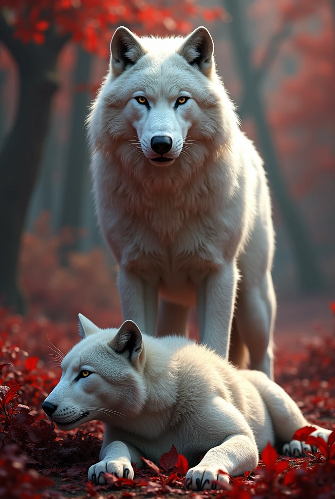  White Wolf standing on a dead puma that it fought in a red forest beautiful