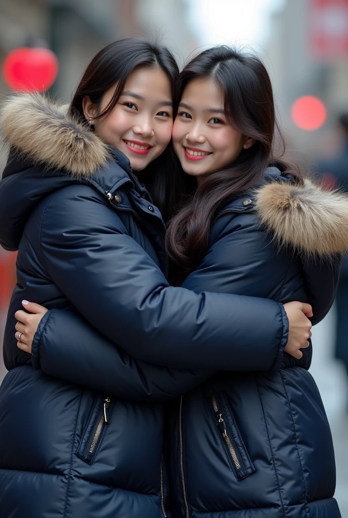 group of cute 20 year old Asian women ,wearing a very large navy blue tight shiny puffer coat, thick eyebrows, photorealistic, masterpiece, moncler, fluffy fur hood, , wavy hair, large breasts, open coat, school uniform, white blouse, pleated skirt, hugging each other