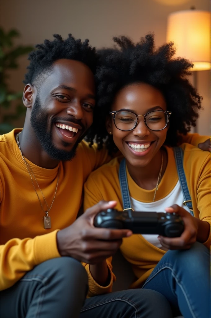 Realise une image HD d'un couple africain hommes et femme entrain de jouer a un jeux video sur console avec sur eux ded vêtements de marque NELLNICK 