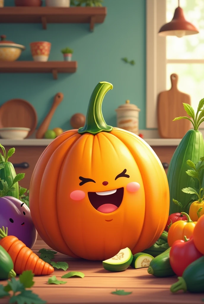 Generate an image of a pretty orange pumpkin chatting with vegetables happy with its presence in the background of a kitchen with colorful dishes 