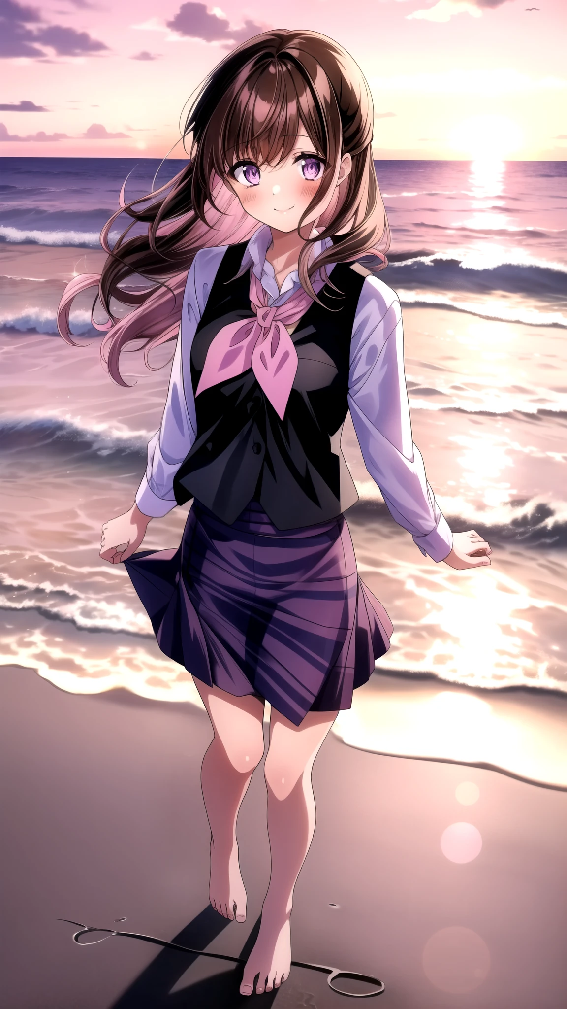 Anime illustration - Shino amagi OL, One person, Purple eyes, Black brown hair, collared shirt, shirt, skirt, blush, white shirt, neckerchief, black vest, black mini skirt, medium chest, checkered floor, pink ribbon, striped bow, ribbon, blush, Cute Smile Open your mouth, Are standing, (She walked along the beach in the sunset, her bare feet touching the water, the closest she came to seeing that smile), barefoot, Two Arms, (cinematic angle:1.1),