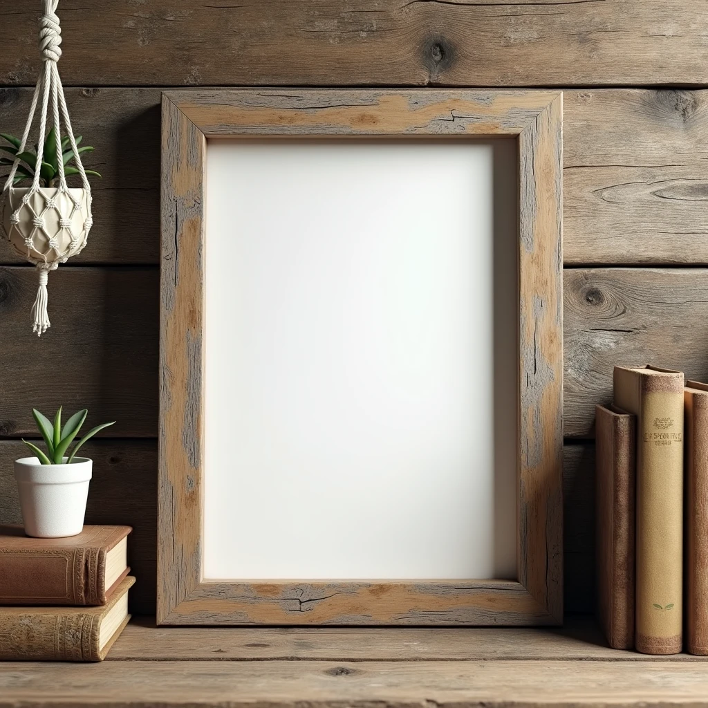 A rustic-style mockup featuring a distressed wooden DIN A ratio frame against a wooden plank wall. The setting includes vintage books and a macramé plant hanger in the background