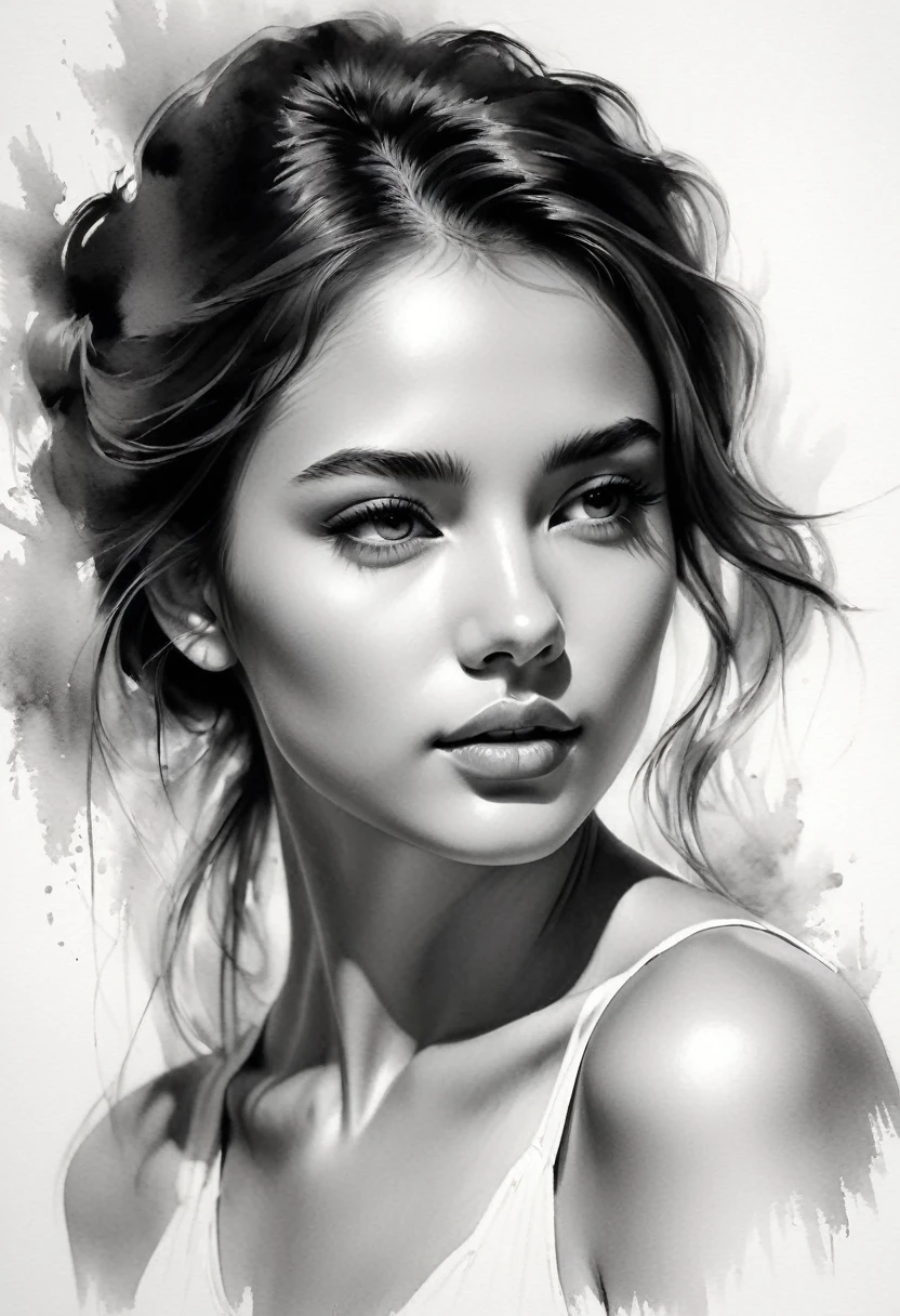 A beautiful girl, detailed portrait, soft brushstrokes, delicate lines drawn with a pen, fluid motion, subtle ink tones, elegant posture, tranquil gaze, delicate features, black and white, clean