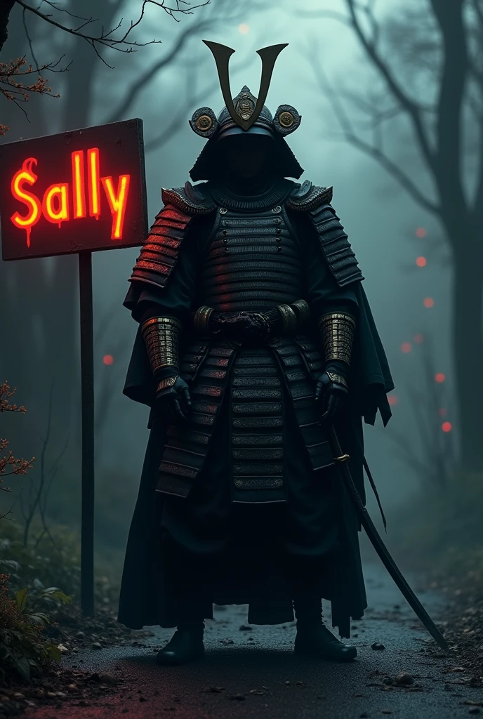 a dark samurai and a sign that says sally