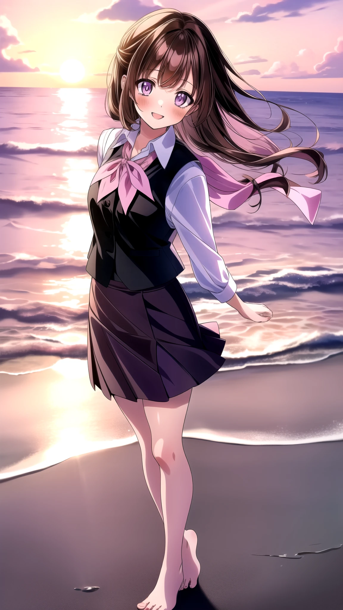 Anime illustration - Shino amagi OL, One person, Purple eyes, Black brown hair, collared shirt, shirt, skirt, blush, white shirt, neckerchief, black vest, black mini skirt, medium chest, checkered floor, pink ribbon, striped bow, ribbon, blush, Cute Smile Open your mouth, Are standing, (She walked along the beach in the sunset, her bare feet touching the water, the closest she came to seeing that smile), barefoot, Two Arms, (cinematic angle:1.1),