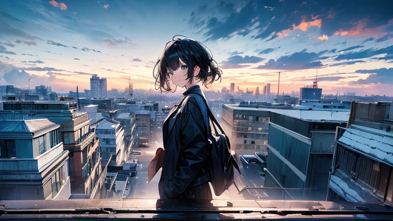 ((masterpiece, In 8K, High resolution,Surreal)),Slim beautiful woman、Black Hair、Stormy Skies、I see the silhouette of a monster in the distance太陽光、View from the roof of the building、clerk&#39;uniform、weather forecast、I see the silhouette of a monster in the distance
