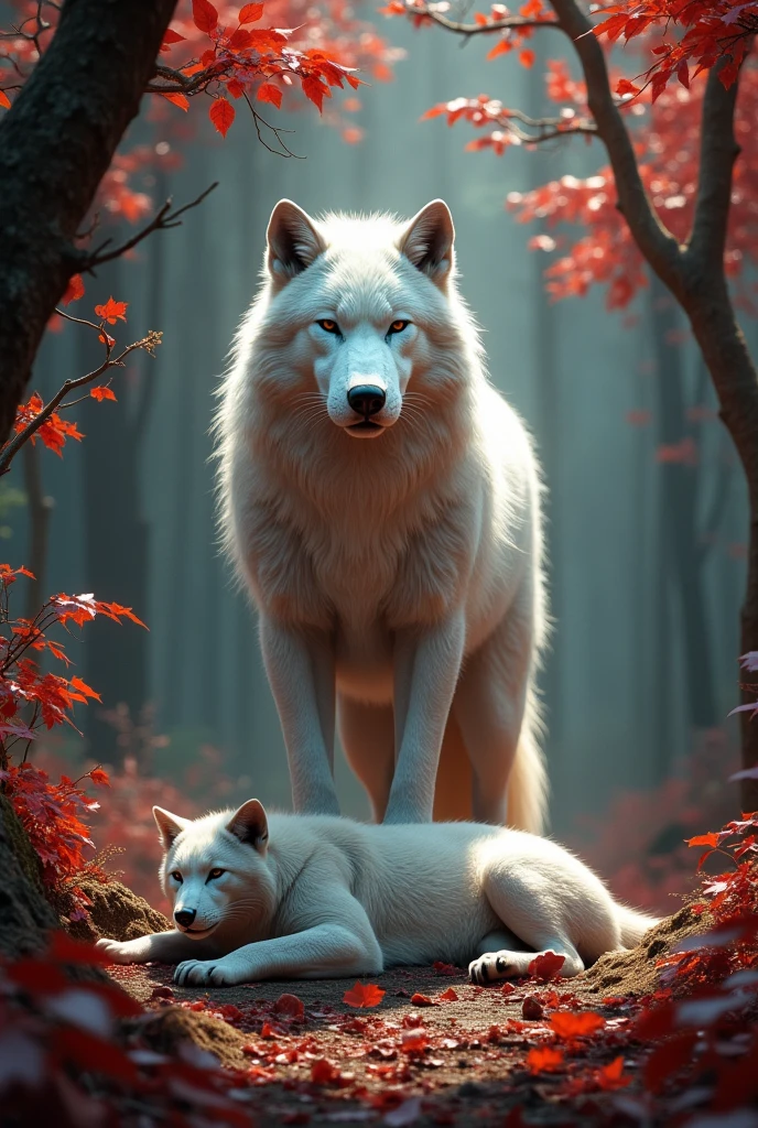  White Wolf standing on a dead puma that it fought in a red forest beautiful