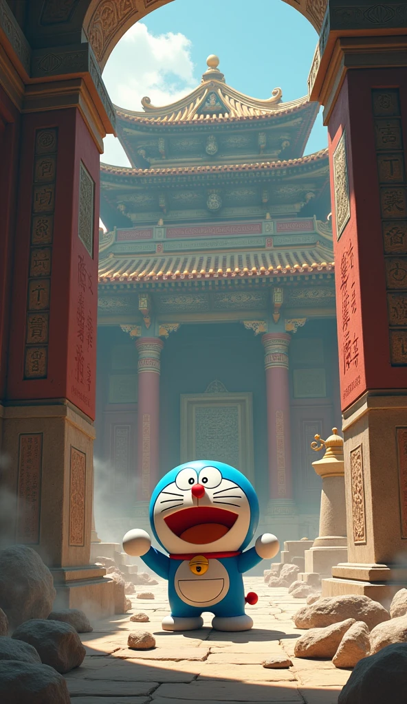 Doraemon stands in front of a wall in the temple., hand touching ancient symbols. All around him were activated traps., with arrows and falling rocks, 

