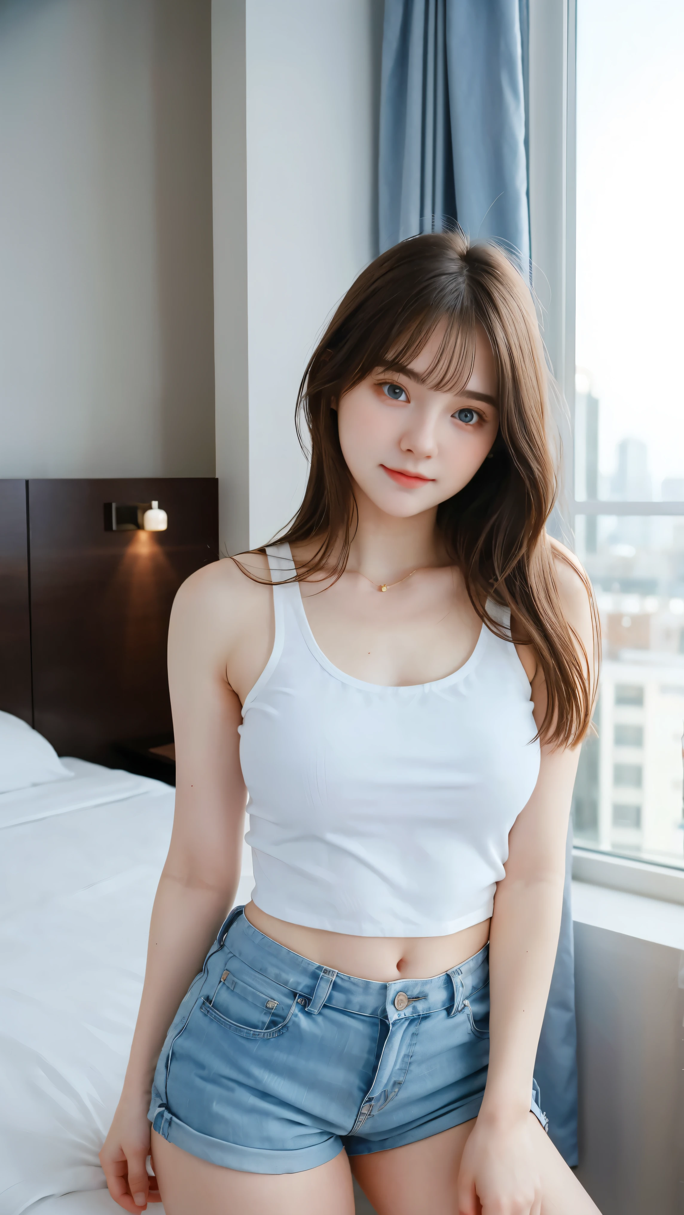 Gorgeus Girl, Beautiful, , 20 Years Old, White Skin, Beside, Sexy Pose, White Loose tank top, Blue Eye, Bokeh, hotel room Background, Masterpiece, Fullbody Shot, short pants, trying open tank top