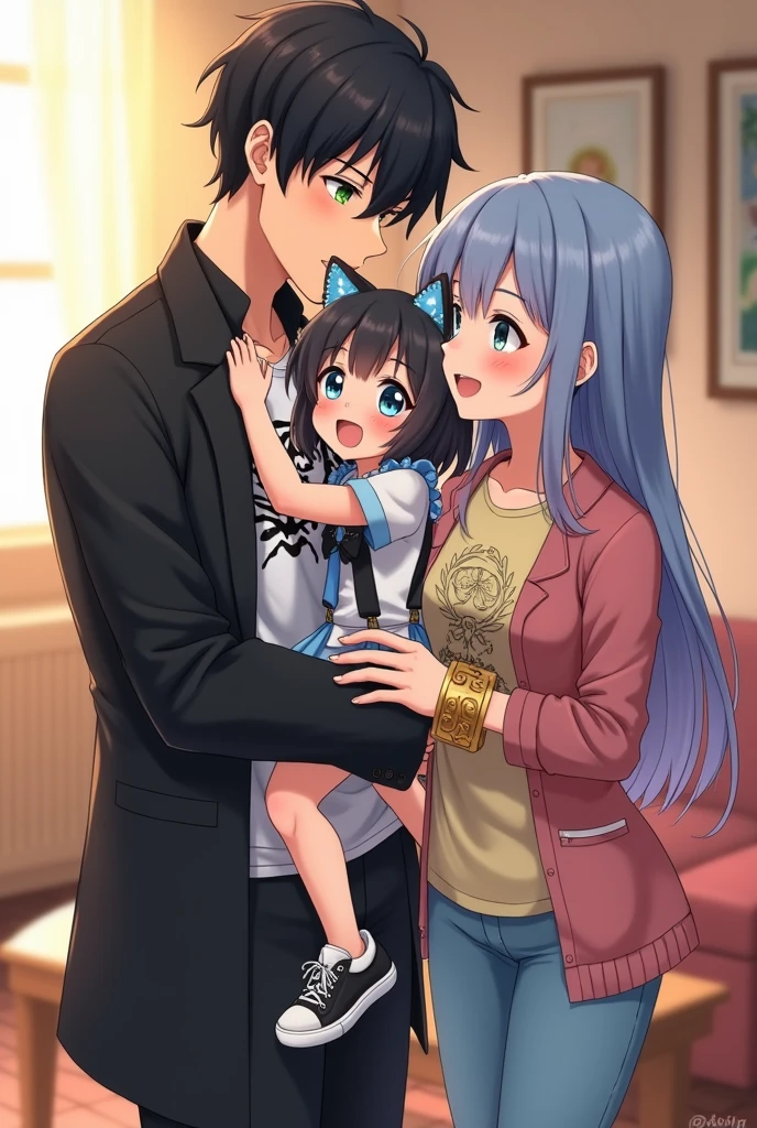 A 2 anime fantasy handsome guy with bright green eyes , a black fit coat with and a white t-shirt with a picture of black tiger in the middle of that . black neat hair and a soft kindly smile on his face , a strong body as a sign of exerciser being , lifted up and spine around an innocent 4-year-old fantasy anime girl with big and blue eyes that twinkle in the room light, playfully and softly chuckles with blushed cheeks, while she is suspended in his arms , Her arms are slightly opened as a sign of joy , her white and black and blue baby maid outfit with unreal cat ears and two blue bow ties on her head, fairly long straight black hair, in the middle of the living room , and in a moment ,  An 25-year-old fantasy anime gangster strong girl with shiny blue eyes, an enjoyable look and a soft smile on her face while chuckle , a kind and affectional look, blushed cheeks, a light yellow t-shirt with a fantasy princess in flower view in the middle, and a pink jacket with white lines on it. White and black sports shoes and golden bracelet with golden flower design, a sky blue jean , long straight blue hair , in the middle of the living room , stands near and looking to that guy and girl . enjoying moment as a family