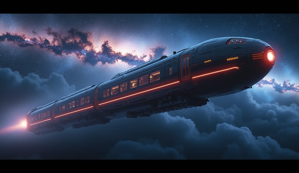 A Hollywood movie poster, ((text at themiddle says "GROK 2 FLUX")) ,Train-shaped spaceship,10-car train,(Beautiful aircraft:2.0),(The background is outer space and the Milky Way:1.6),masterpiece,Highest quality,Ultra-high resolution,(Super detailed),8k,Realistic,Best aesthetics,beautiful,(dynamic)