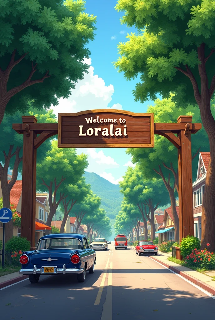Welcome to LORALAI written on top of entrance.trees on sides of roads and cars on roads full realistic and traditional 