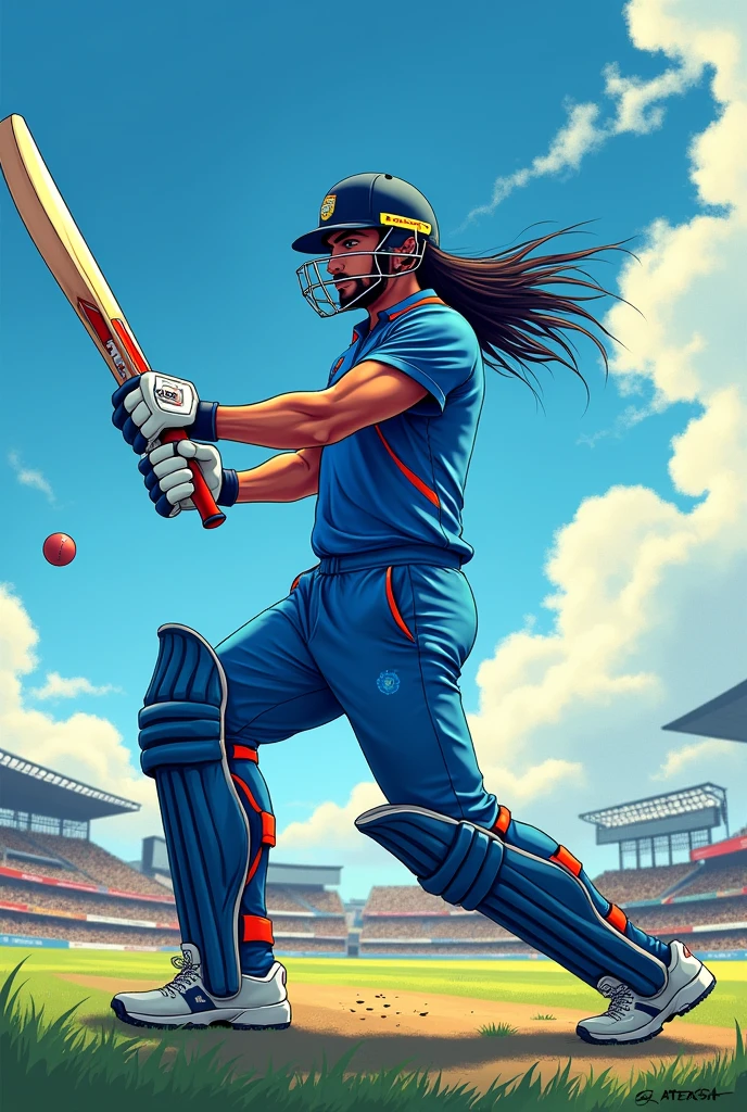 Ms dhoni anime with long hair hitting hard sixes