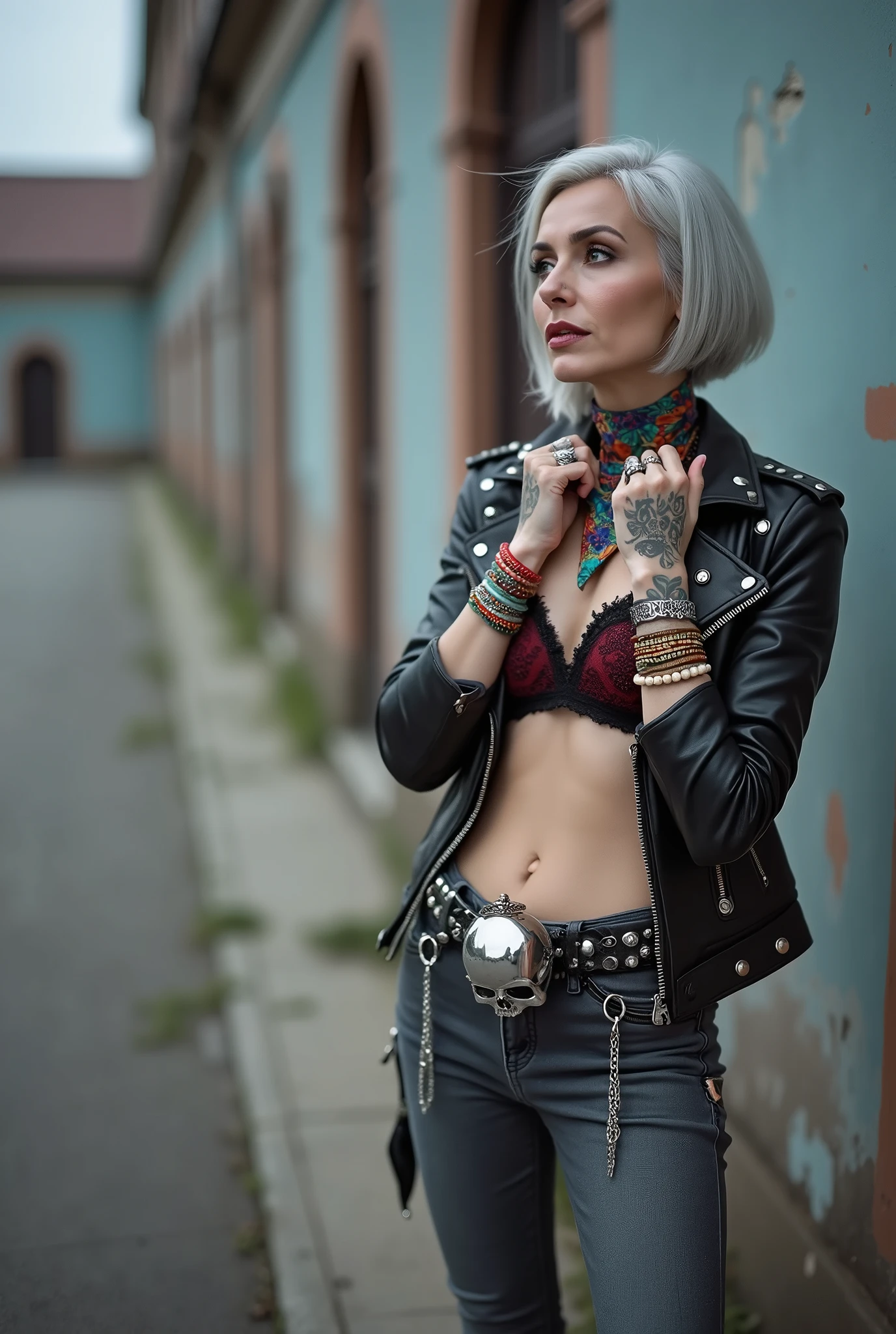 russian milf woman, grey hair (middle part) and wide colourful bandana as headband, with very light blue eyes, extremely pale. Wearing studded cropped black moto jacket with lots of zippers and pins, black and red lace push up bra , dark skinny blue jeans and pointy silver Chelsea boots with cuban heels . Lots of colourful thick bracelets, colourful collars and colourful rings. Tacky wide studded leather belt with oversized skull and bones buckle. Long bohemian earrings with feathers. Standing up, humble facial expression. Hands on her neck, showing off bracelets and rings. Chains around belt.. Listening in amazement to somebody speaking to her, toned six pack abdominals, thin neck, slim legs and thin arms. Tattoed heavily. Bandana wrapped around her belt