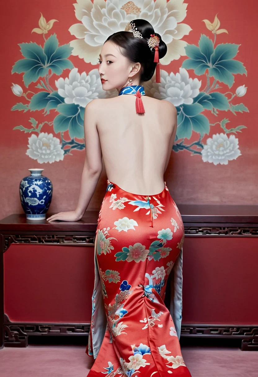 The empress of the Qing Dynasty is wearing a red floral patterned dress, posing naked with her buttocks exposed in profile in the Qing Dynasty palace.
