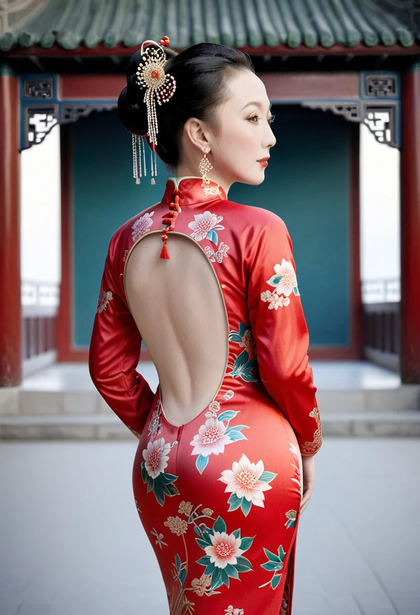 The empress of the Qing Dynasty is wearing a red floral patterned dress, posing naked with her buttocks exposed in profile in the Qing Dynasty palace.