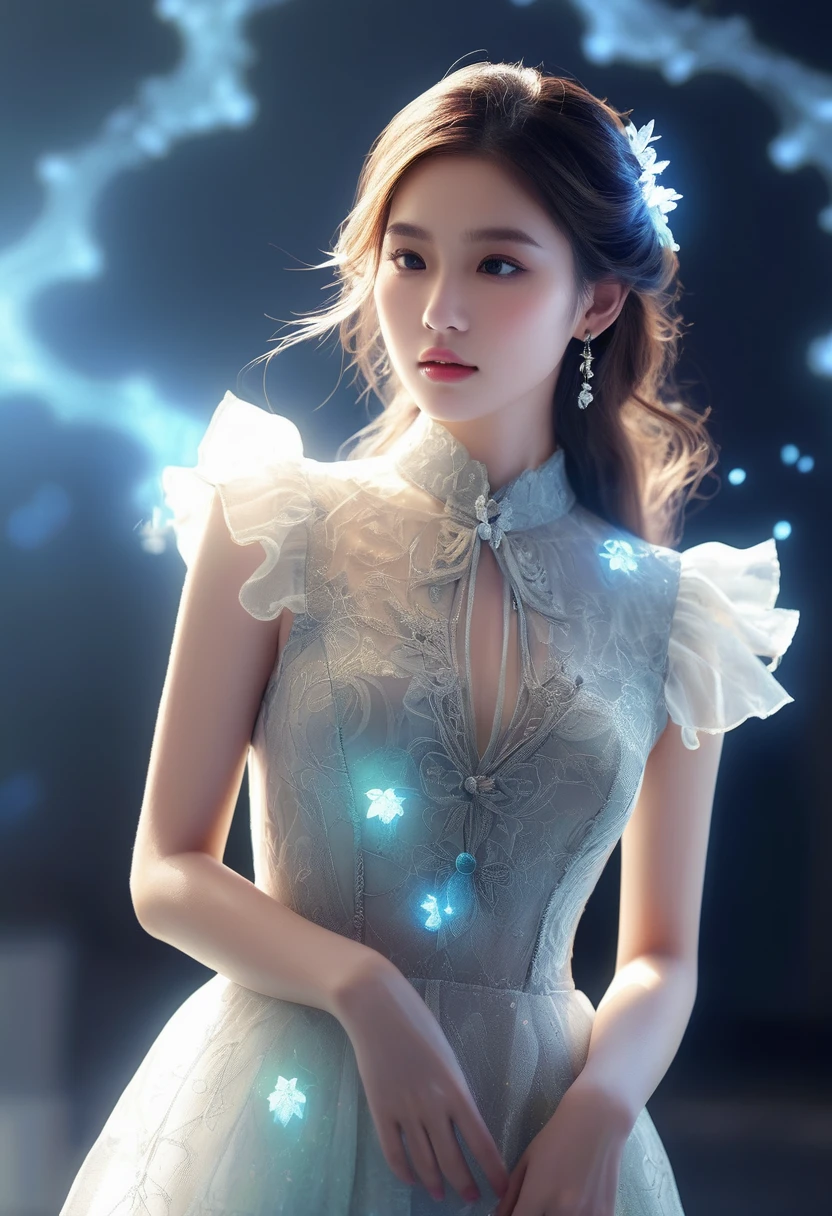 ((gem_Light elements)), (translucent luminous body_Wearing a light colored frilly shirt:1.3), (girl made of light: 1.2, long curly hairstyle，Exquisite facial features，light:1.3), (Minimalism: 0.5), (Upper body close-up angle: 1.3), 4K, high dynamic range, Acid Graphics, Fantasy works, [Detailed and vivid faces: 0.33], (Translucent glowing body and hair made from light particles: 1.3), Silhouette silhouette and glowing beautiful woman, Understated elegance revealed.. Steady、dignified atmosphere，Gives a subtle sense of luxury... Gray smooth texture, fashionable pose, bioluminescence tattoo, glow pattern.
