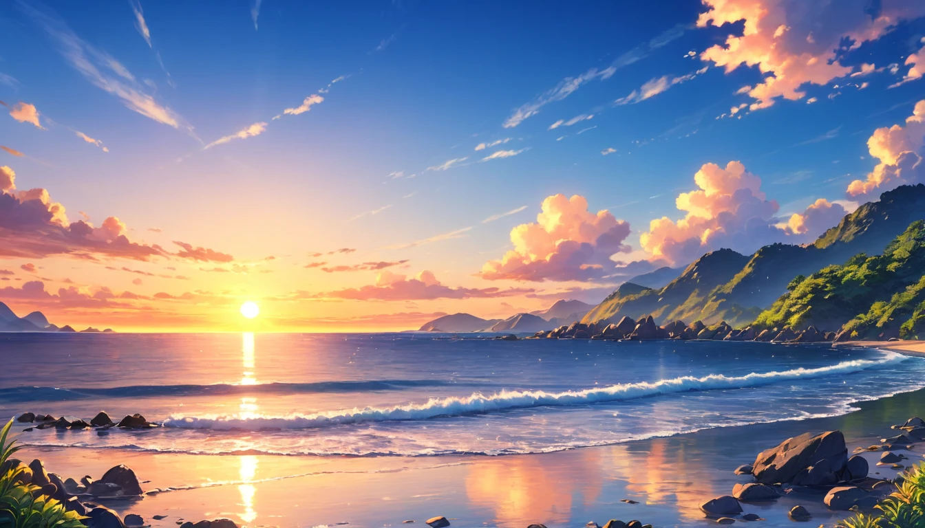 a beautiful sunset over a calm, tranquil sea, anime style, highly detailed, 8k, photorealistic, vibrant colors, dramatic lighting, glowing sky, serene atmosphere, smooth water reflection, rocky coastline, lush foliage, detailed textures