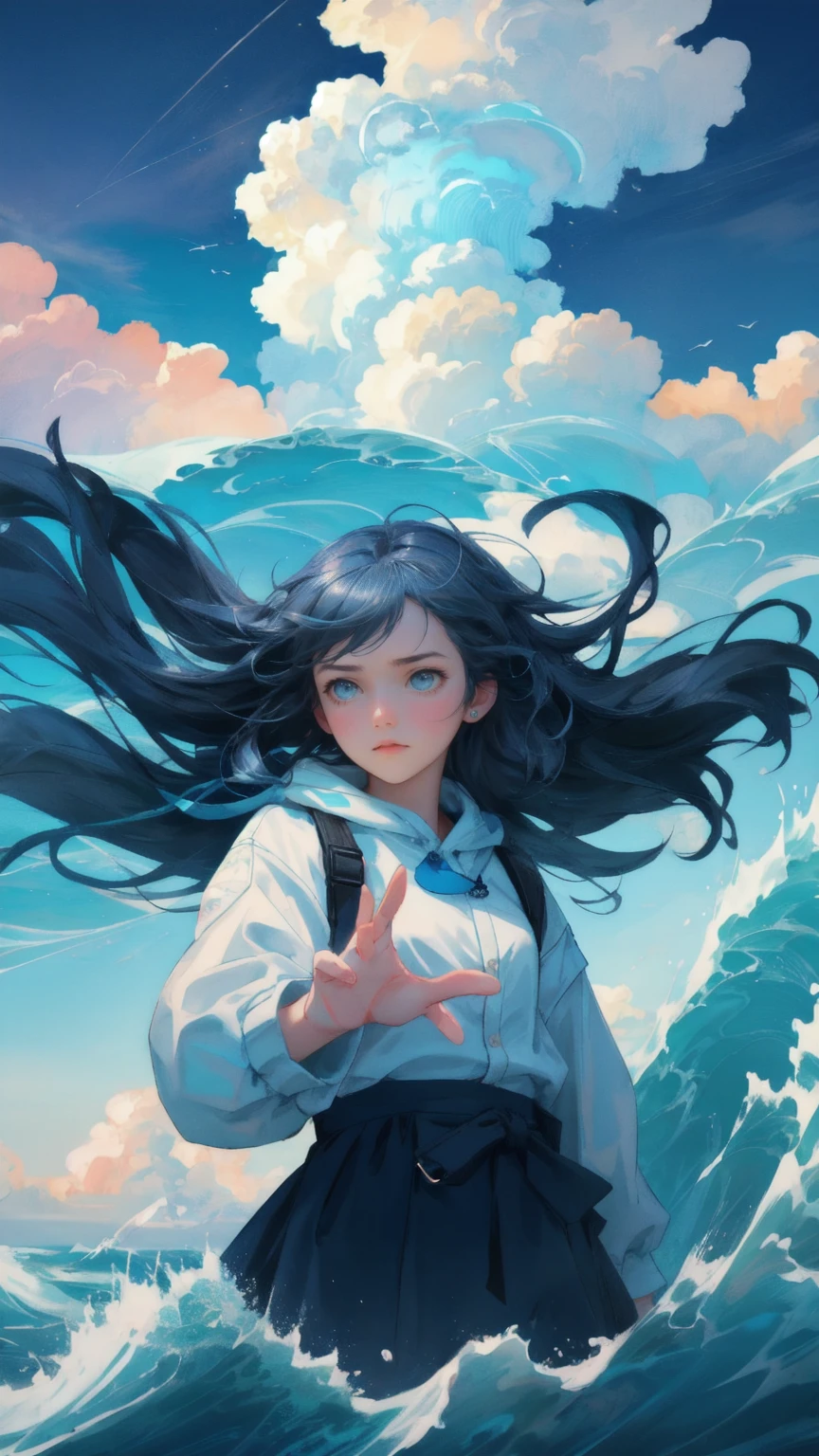 A beautiful, cute girl with a distressed expression, reaching out desperately towards falling bitcoins as they drift away in turbulent waves. The background is a dramatic, stormy blue sky filled with swirling clouds. The scene embodies the chaos of the market with the phrase 'Weak Hands Shakeout' subtly incorporated into the background, emphasizing the girl's struggle to hold on in the midst of a financial storm.