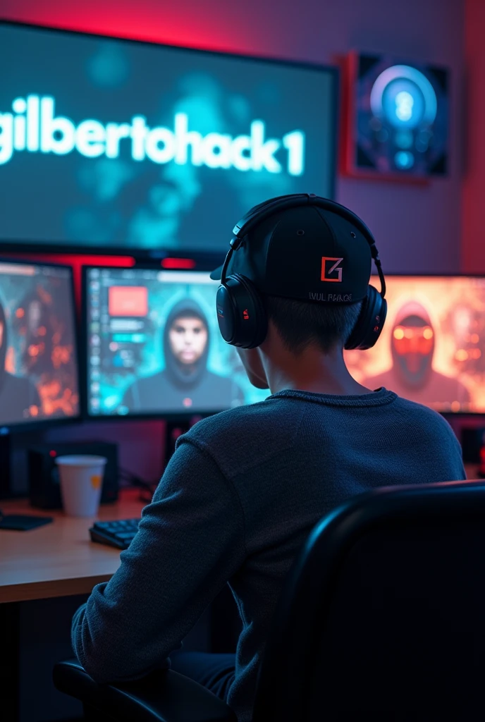 Epic realistic photography, of a 19-year-old young man sitting with his back turned wearing a sweater and a black cap with the initial G, in a gaming chair in a gaming room with a computer and big screens, On the screen you see images of hackers The name GilbertoHack1 that you see on one of the big screens, in big letters,