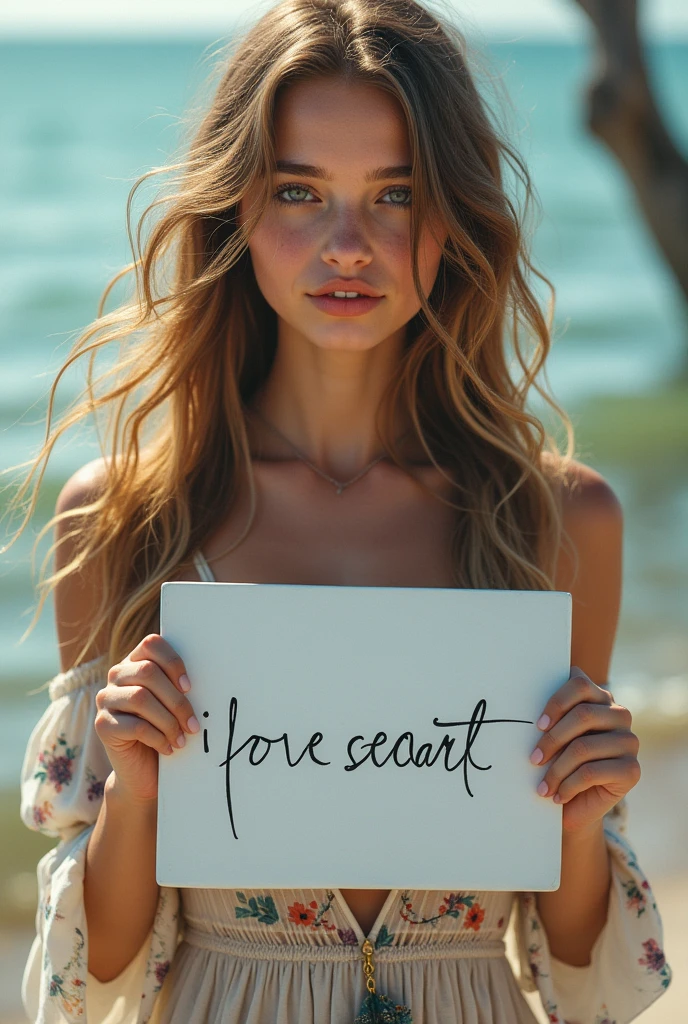 Beautiful girl with wavy long hair, bohemian dress, holding a white board with text "I Love Seaart Infinity" and showing it to the viewer