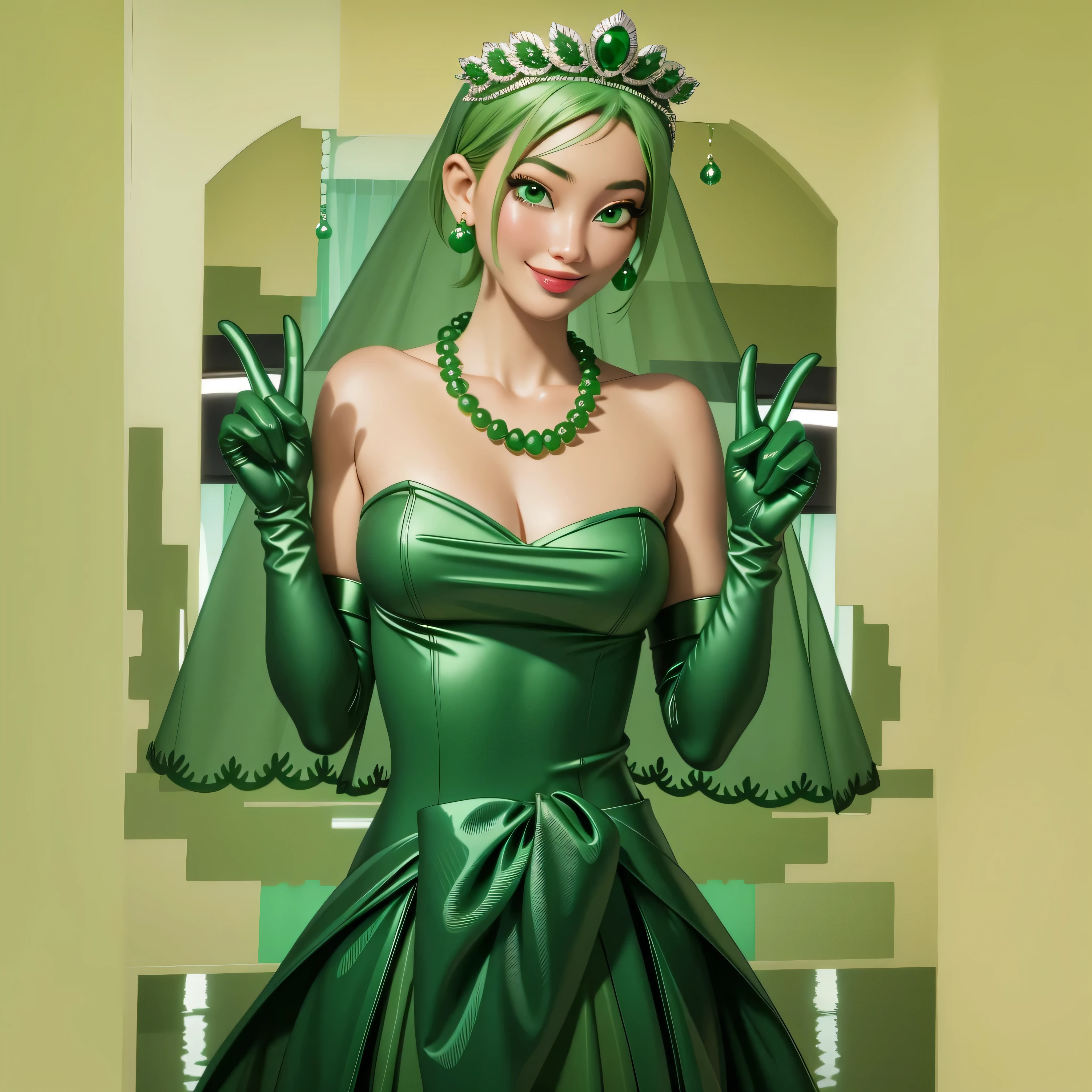 Emerald tiara, Green Pearl Necklace, Boyish very short green hair, Green Lips, Smiling Japanese woman, Very short hair, Busty beautiful lady, Green Eyes, Green satin long gloves, Green Eyes, Emerald Earrings, Green veil, all, Green Hair, Beautiful Japanese Woman, green lip gloss