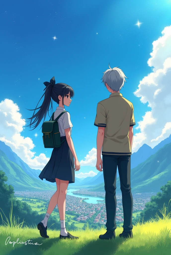 It is an anime style novel cover. There is a beautiful and slender woman with black hair tied in a ponytail and a black bow. She carries a backpack on one arm and wears a Chinese uniform. Her face is indifferent, but her face is beautiful, but she doesn&#39;t smile. And there is a man next to her with gray hair, an ordinary face, wearing the same Chinese uniform. She carries a backpack on one side. She seems to be a country boy with a warm smile and a sweet smile. Both of them are standing with their backs turned but facing the camera until their faces are clearly visible and standing on the grass. Under the sun and sunlight shining with stars and a clear blue sky and a beautiful and beautiful view in front of them, you can see the entire city and the entire village. It is sparkling and beautiful and is an anime style cover that can be sold. It is interesting and attractive. When you see it, it is beautiful and beautiful to the point of being stunned.