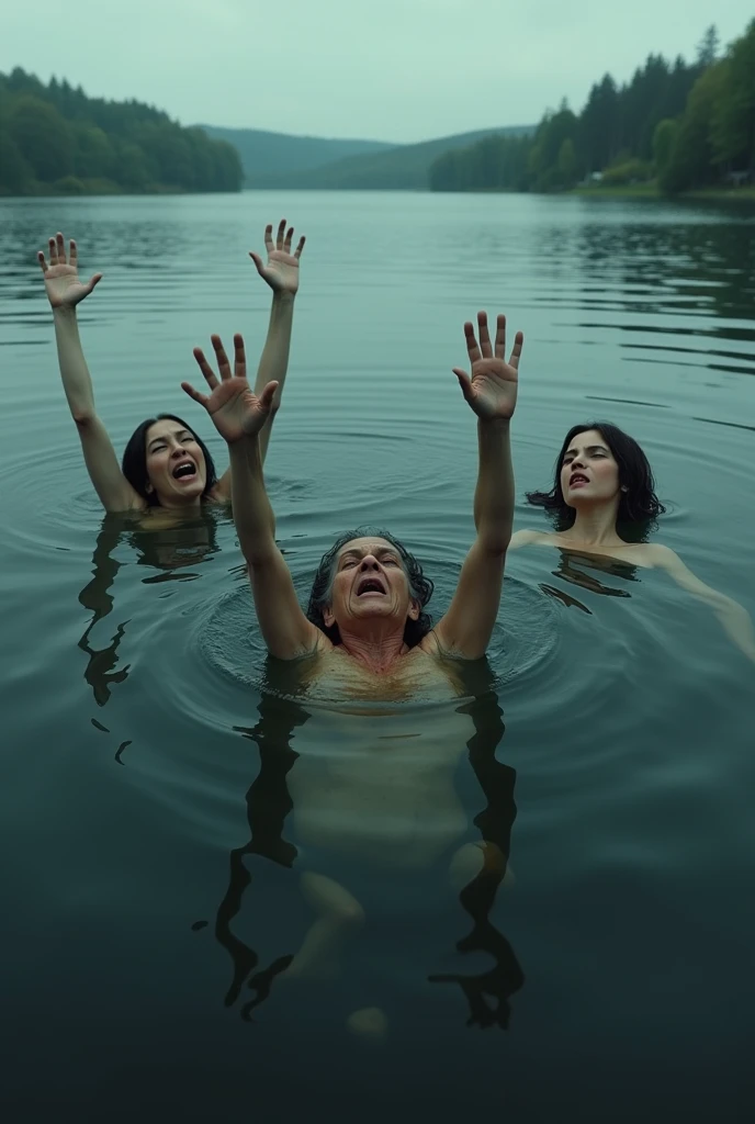 Deep Lake, Three people drown at the same time, Cry, elderly mother wife and little daughter, at a distance from each other, calling for help, everyone raise your hands, heads are visible