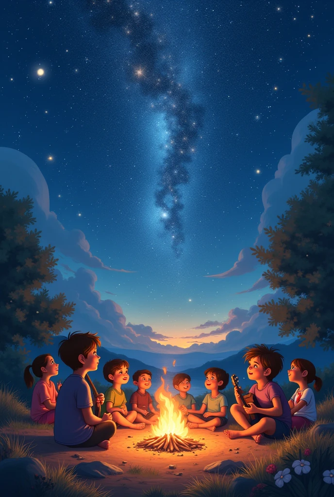 Children fell in love with music galaxy night bonfire