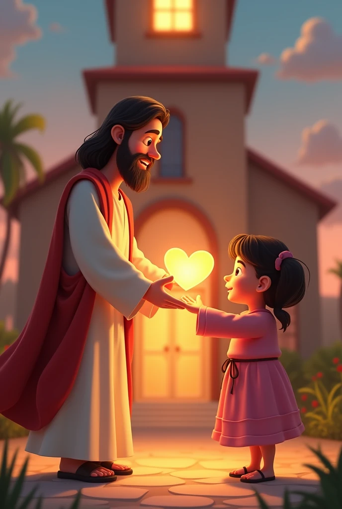 An animated Jesus Christ giving a heart to the chubby shortgirls hand front of church