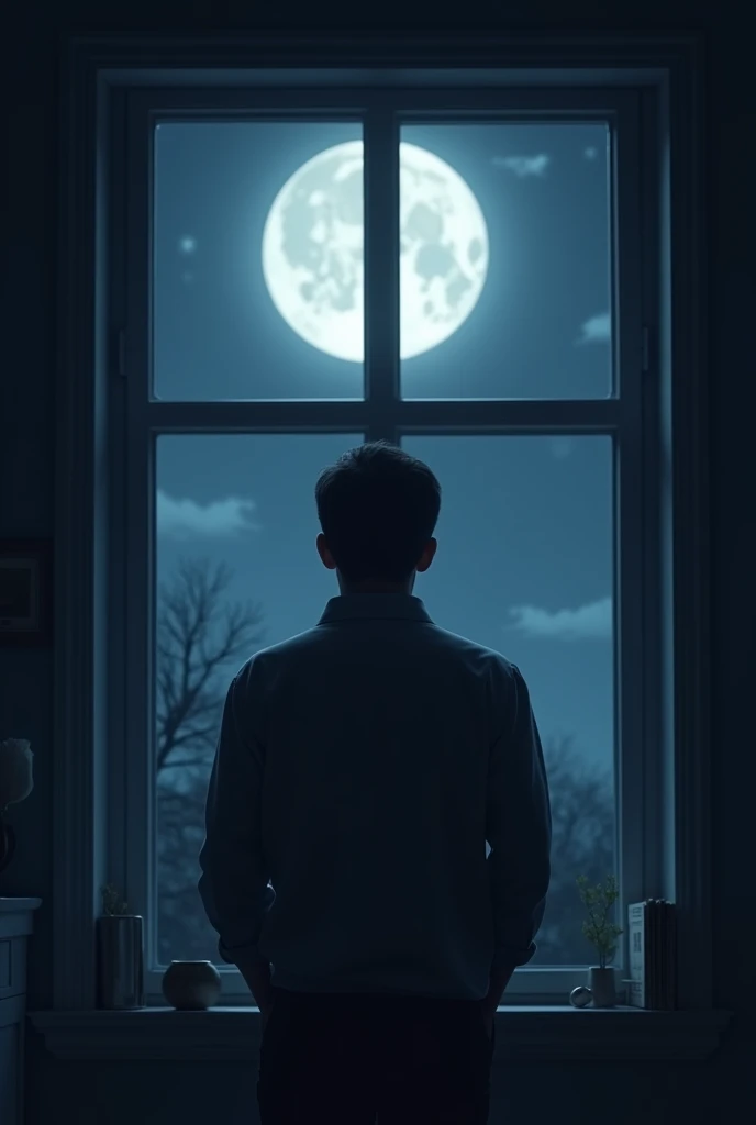 How about a man in his house looking through the window at the full moon, the pov should be inside the house further at the back of the man, the surrounding is dark and calm. Make it so that there is space to place a quote