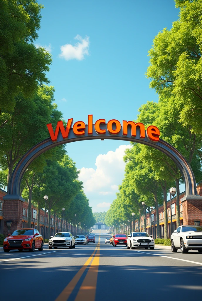 Welcome to LORALAI written on top of entrance.trees on sides of roads and cars on roads full realistic and organic structure