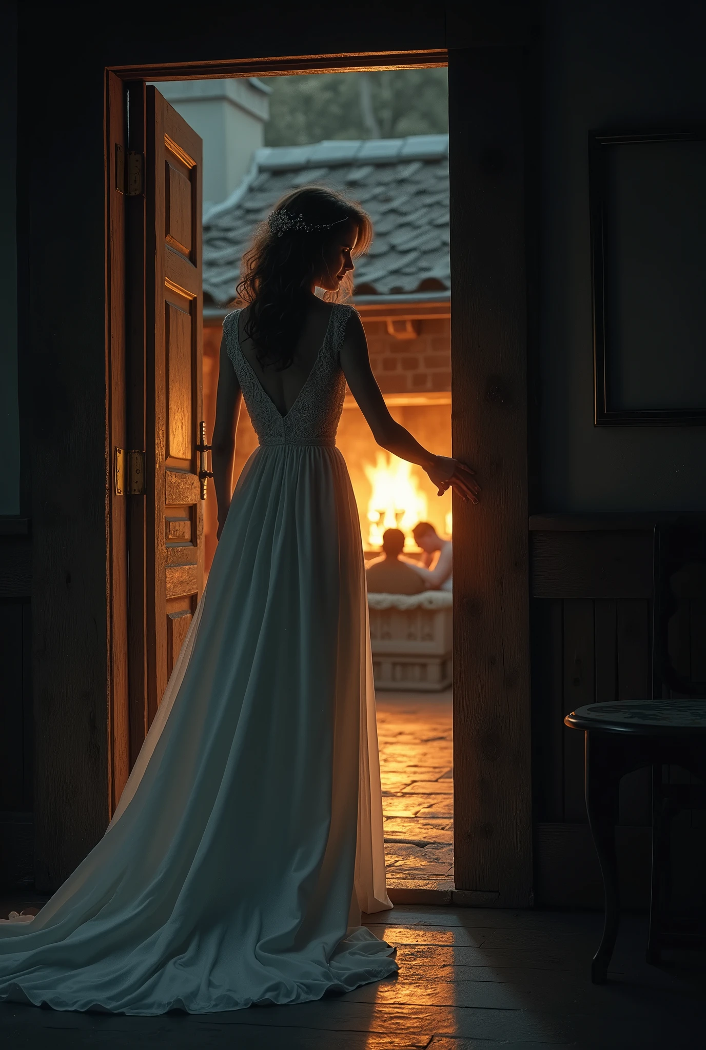 A dimly lit, rustic cottage interior at night. In the foreground, a young woman in a flowing white wedding gown stands in the doorway, her hand still on the door handle, frozen in shock. The camera is positioned at a low angle, slightly behind her, capturing her silhouette against the warm light of the room. In the background, a man and another woman are entwined by the fireplace, oblivious to the bride's presence. The lighting is soft but tense, highlighting the contrast between the warmth of the scene inside and the cold, stark reality outside