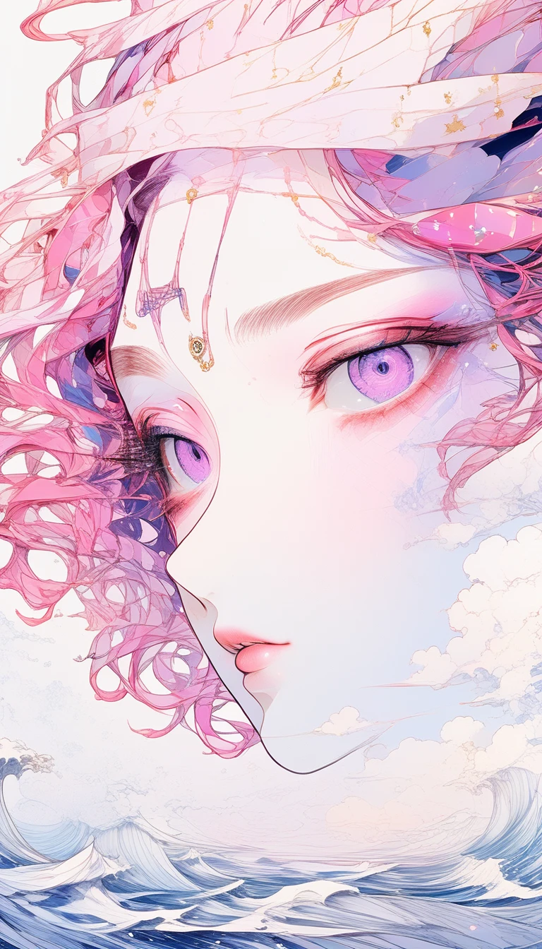 (White background:1.4),(Yae Miko head silhouette, Genshin Impact, Eyes closed, pink hair, Oriental elements),(Chinese illustration:1.3,Paper Art:1.3, キルティングPaper Art:1.2),( Streamlined Design, Clear lines, High sharpness,Better Quality, Very detailed, Master Parts, Film Light Effect, 4K ) Illustration design, porcelain doll skin, beautiful detailed purple eyes, beautiful detailed lips, extremely detailed gold eyes and face, long eyelashes, upper body, from side, looking at viewer, (fractal art:1.3), (pink hair:1.2), water, liquid, cloud, colorful, starry, stars, (best quality, 4k, 8k, highres, masterpiece:1.2), ultra-detailed, (realistic, photorealistic, photo-realistic:1.37), vibrant colors, studio lighting, extremely detailed description, professional, concept art, surreal, 1920s french vibe, monochromatic gold and pink palette, in the style of french illustrator moebius, gold elements,