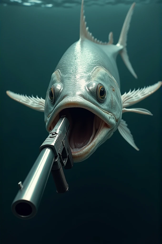 A tarpon holding a glock pointed at the camera