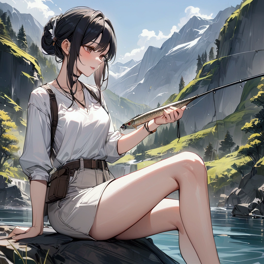 ,{{masterpiece}}, {{{Highest quality}}},{{Very detailed}},Woman sitting on a rock and fishing,A young Chinese-looking female hermit fishing deep in the mountains,White attire, miniskirt,carefree expression