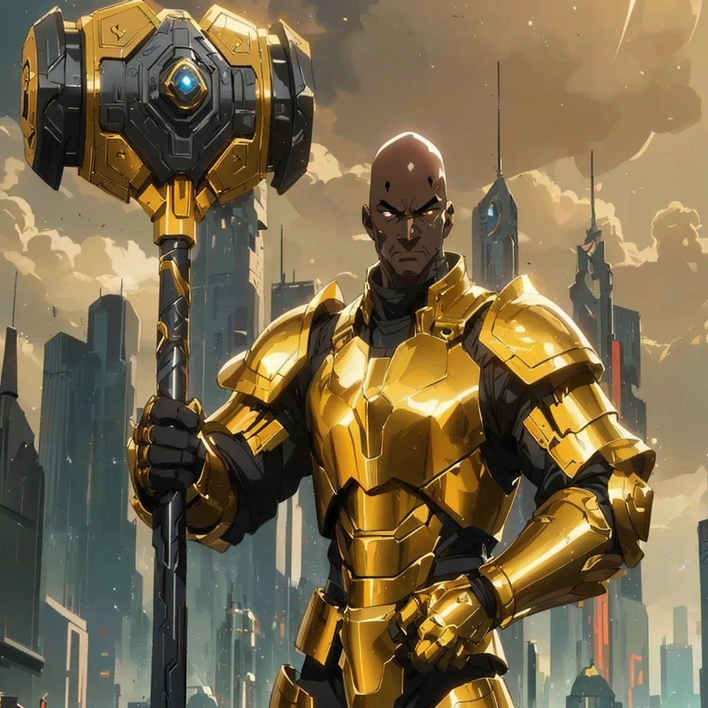 Black, African-American, A tall, buff dark-skinned general, he is wearing heavy futuristic gold and black armor, futuristic city background, middle-aged, bald, wielding a massive war hammer, by artist "anime", Anime Key Visual, Pixiv, Zerochan, Anime art, Fantia Masterpiece, Best Quality, flat, Anime, cinematic lighting, by Studio Trigger, golden armor holding a hammer in a city, heavy gold obsidian armor, gold obsidian armor, trending on artstation